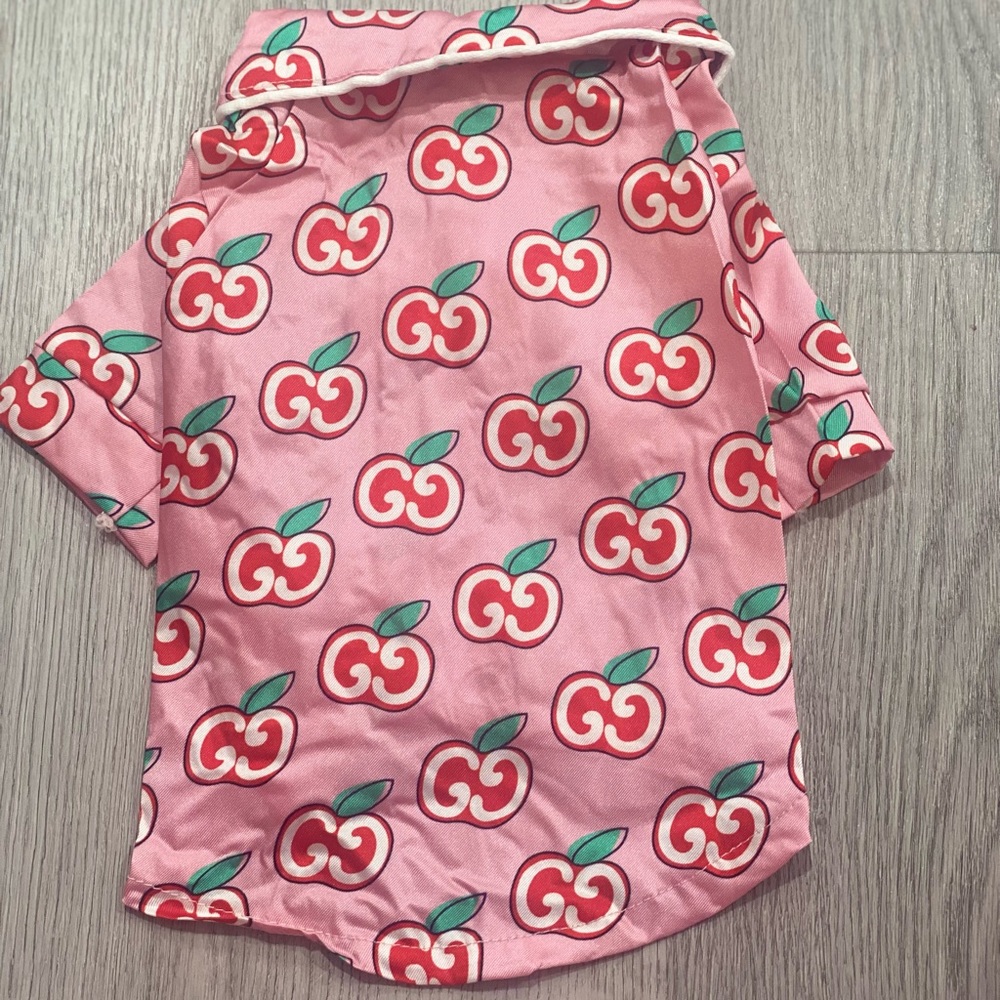 Pink Silk cute  designer GG strawberry dog shirt labeled L but fits as a Small
